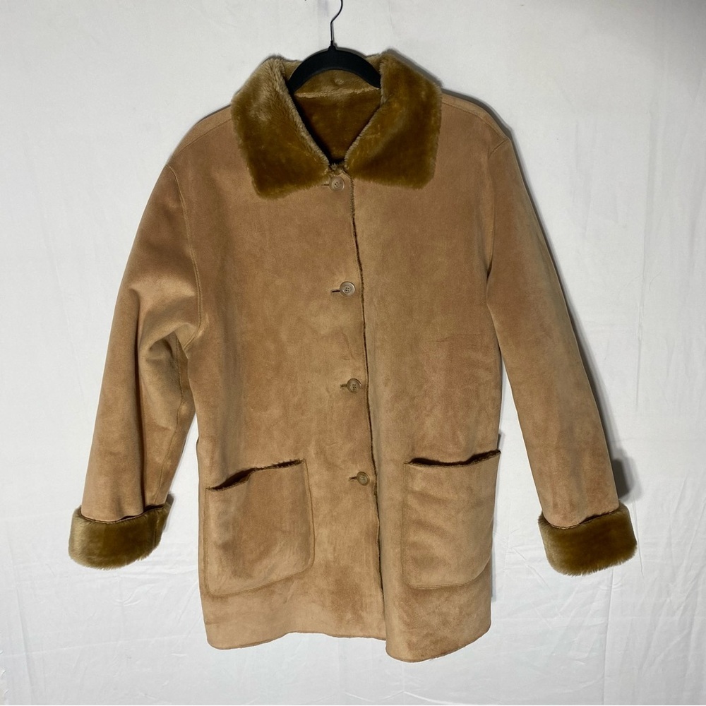 Vintage 90s Reitmans Tan Faux Suede Faux Fur Button Up Boho Jacket M